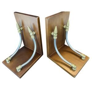 Vintage Bookends Wooden Spanish Medieval Style Made in Spain Brass & Silver Tone